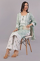 Women's Traditional Salwar Kameez Set, Mint Green Floral Print with White Lace, 3 Piece Suit with Dupatta Women's Traditional Salwar Kameez Set, Mint Green Floral Print with White Lace, 3 Piece Suit with Dupatta