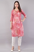 Floral Print Pink Kurta, 3/4 Sleeves, Knee Length Floral Print Pink Kurta, 3/4 Sleeves, Knee Length