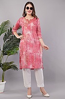 Floral Print Pink Kurta, 3/4 Sleeves, Knee Length Floral Print Pink Kurta, 3/4 Sleeves, Knee Length