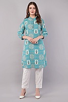 Printed Cotton Kurta for Women, Turquoise Blue Printed Cotton Kurta for Women, Turquoise Blue