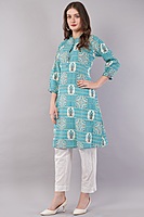 Printed Cotton Kurta for Women, Turquoise Blue Printed Cotton Kurta for Women, Turquoise Blue