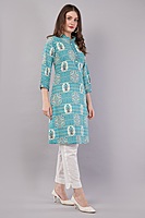 Printed Cotton Kurta for Women, Turquoise Blue Printed Cotton Kurta for Women, Turquoise Blue