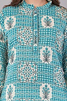 Printed Cotton Kurta for Women, Turquoise Blue Printed Cotton Kurta for Women, Turquoise Blue
