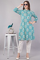 Printed Cotton Kurta for Women, Turquoise Blue Printed Cotton Kurta for Women, Turquoise Blue