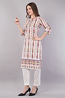 Printed Cotton Chikankari Kurta for Women, Floral Design, 3/4 Sleeves Printed Cotton Chikankari Kurta for Women, Floral Design, 3/4 Sleeves