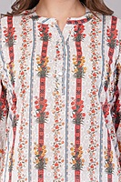 Printed Cotton Chikankari Kurta for Women, Floral Design, 3/4 Sleeves Printed Cotton Chikankari Kurta for Women, Floral Design, 3/4 Sleeves