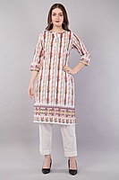 Printed Cotton Chikankari Kurta for Women, Floral Design, 3/4 Sleeves Printed Cotton Chikankari Kurta for Women, Floral Design, 3/4 Sleeves