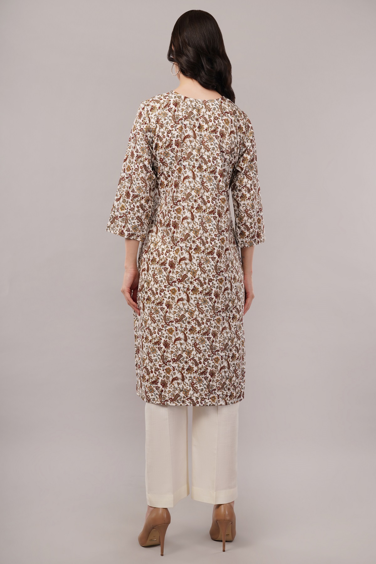 Floral Paisley Print Cotton Kurta, 3/4 Sleeve, Brown and White Floral Paisley Print Cotton Kurta, 3/4 Sleeve, Brown and White