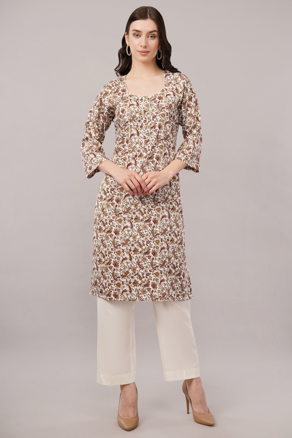 Floral Paisley Print Cotton Kurta, 3/4 Sleeve, Brown and White Floral Paisley Print Cotton Kurta, 3/4 Sleeve, Brown and White