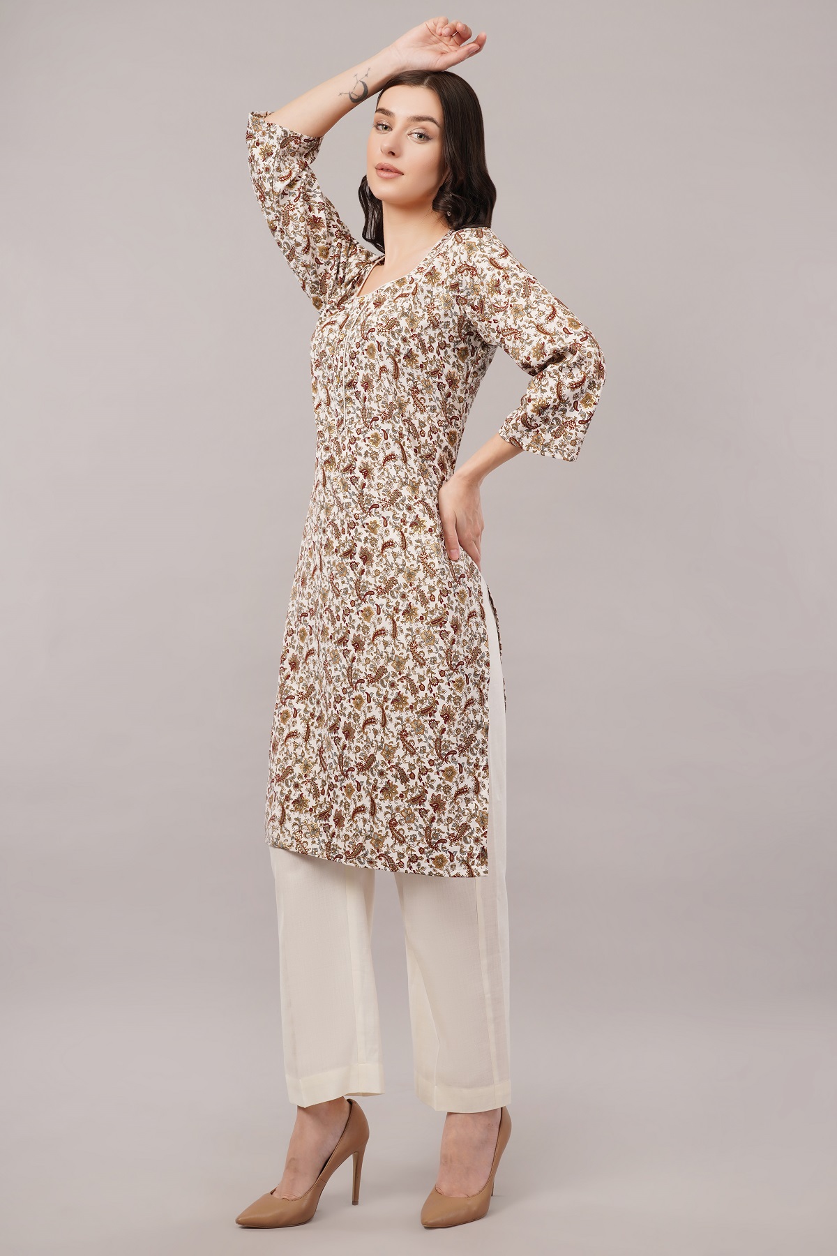Floral Paisley Print Cotton Kurta, 3/4 Sleeve, Brown and White Floral Paisley Print Cotton Kurta, 3/4 Sleeve, Brown and White