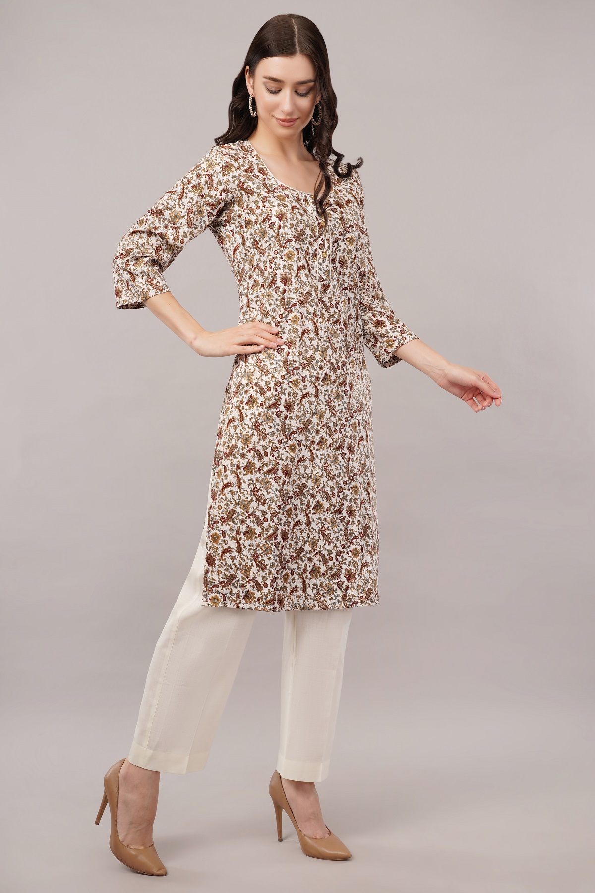 Floral Paisley Print Cotton Kurta, 3/4 Sleeve, Brown and White Floral Paisley Print Cotton Kurta, 3/4 Sleeve, Brown and White