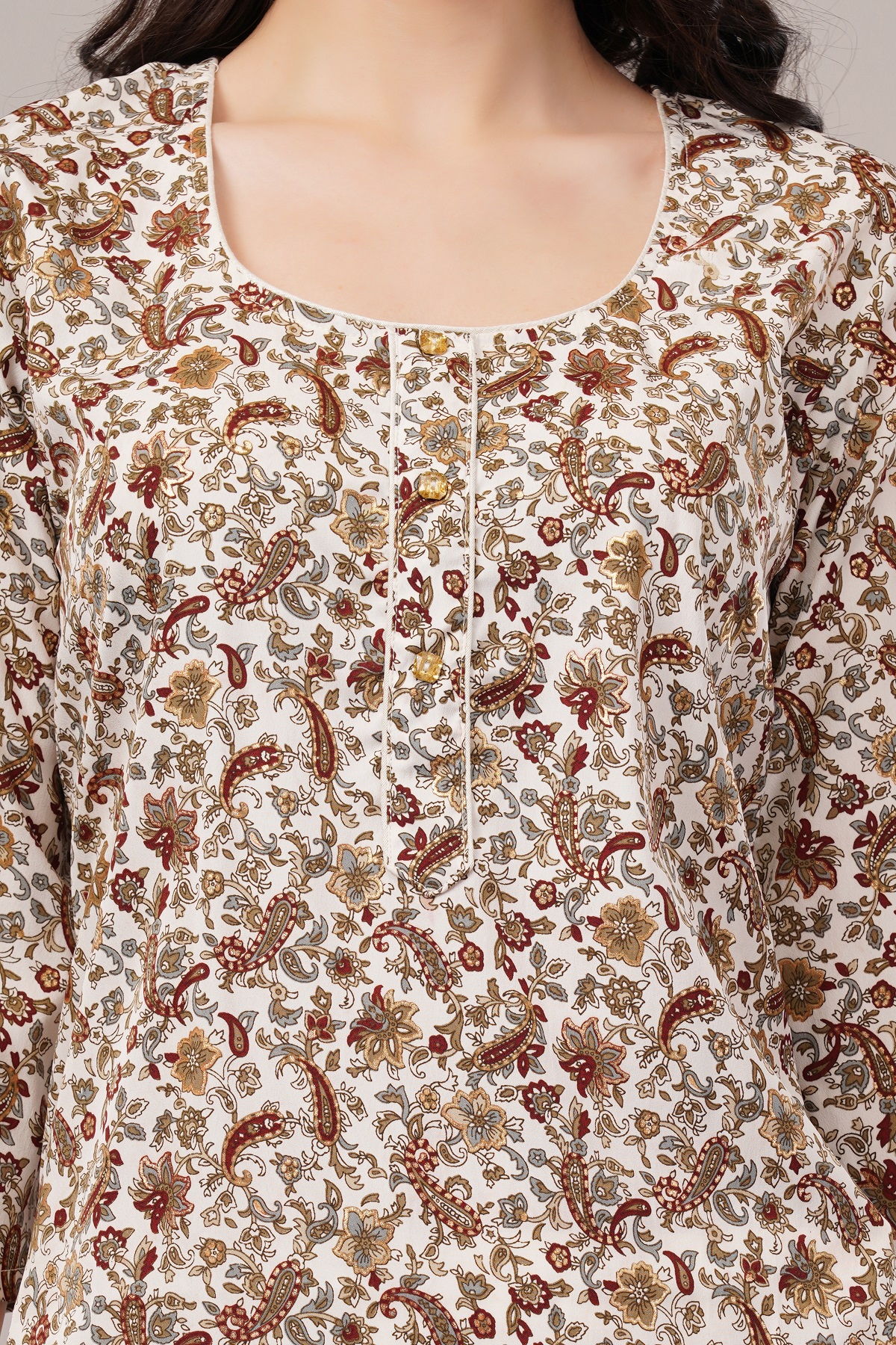 Floral Paisley Print Cotton Kurta, 3/4 Sleeve, Brown and White Floral Paisley Print Cotton Kurta, 3/4 Sleeve, Brown and White
