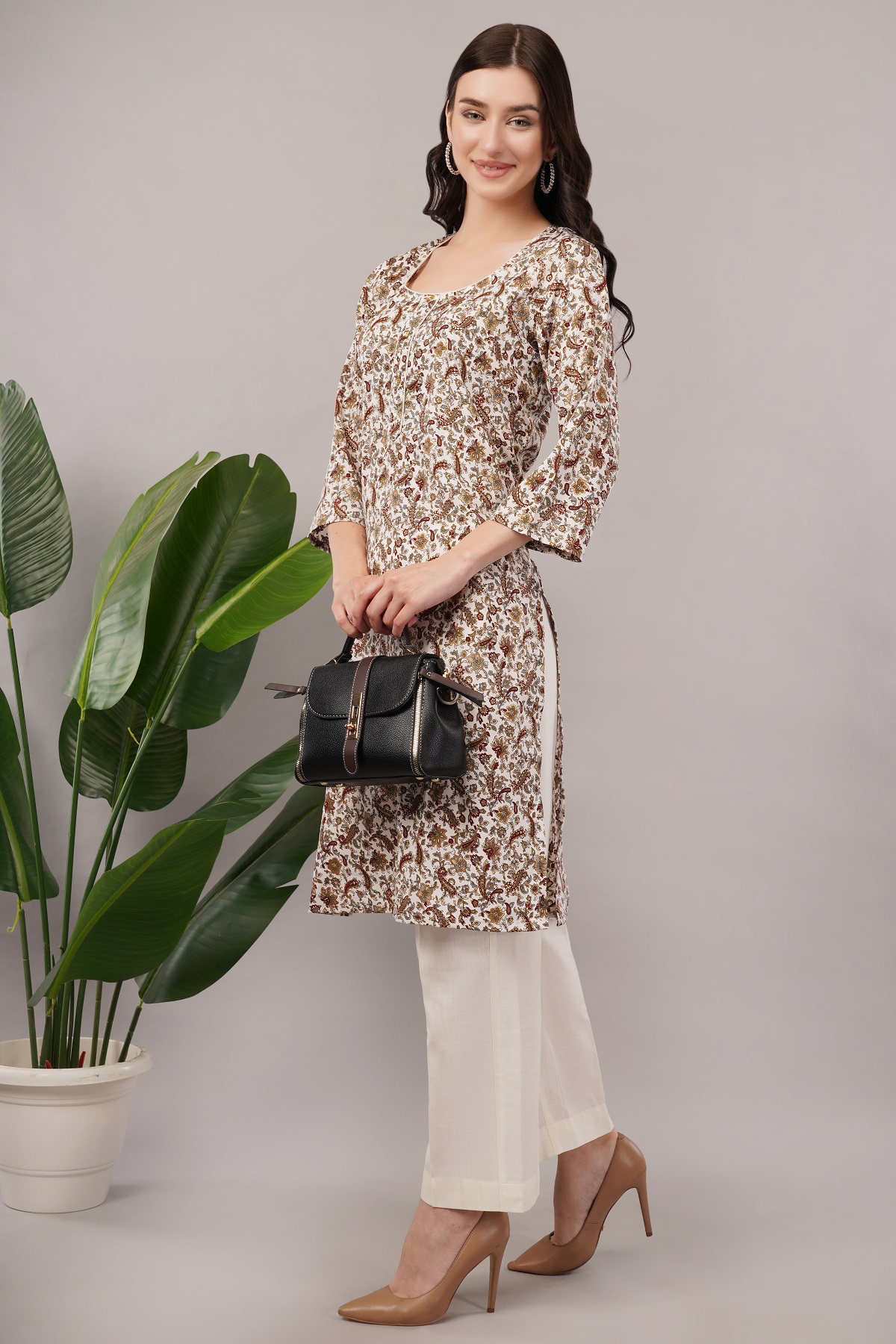 Floral Paisley Print Cotton Kurta, 3/4 Sleeve, Brown and White Floral Paisley Print Cotton Kurta, 3/4 Sleeve, Brown and White