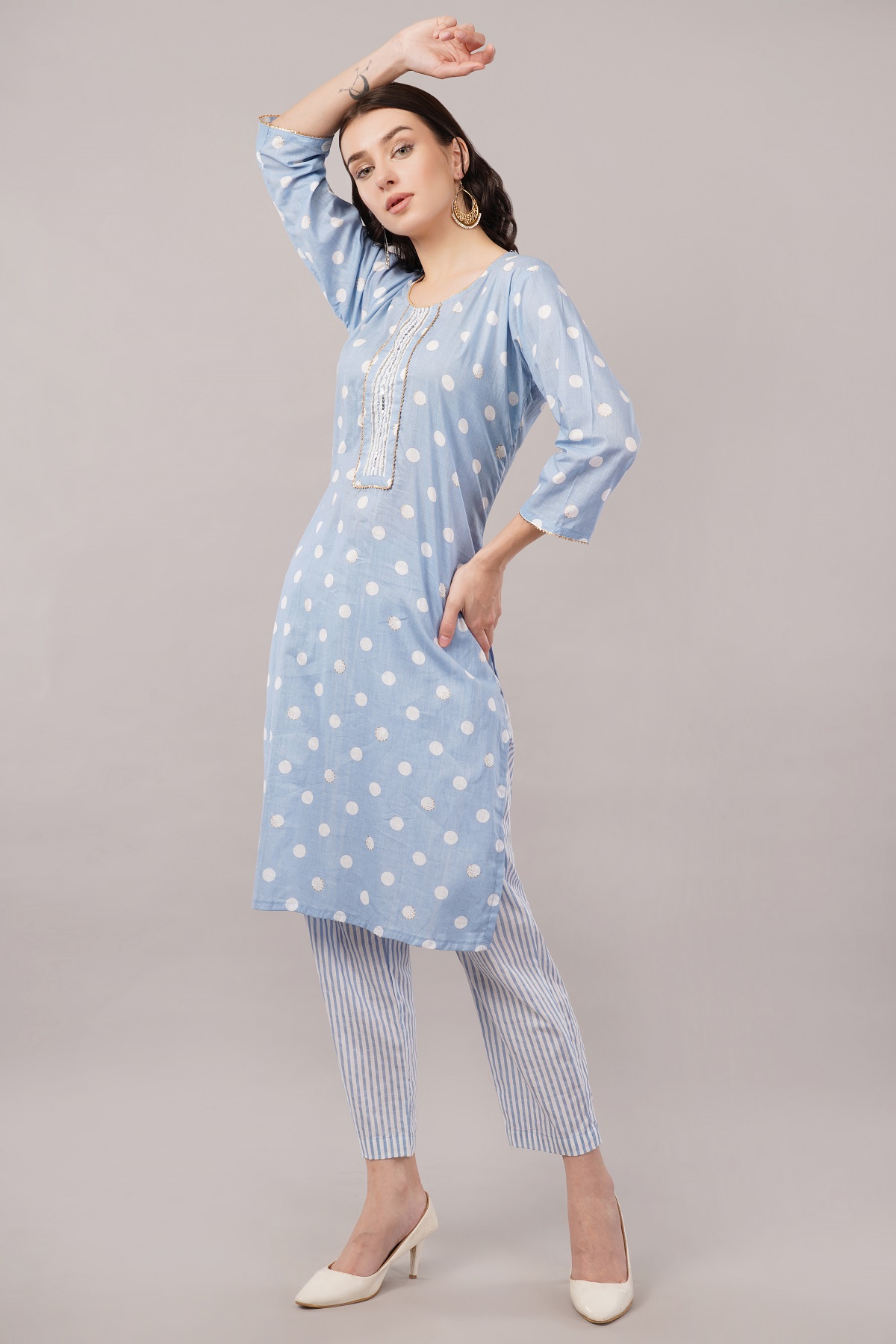 Polka Dot Cotton Salwar Suit Set with Striped Palazzo, 3/4 sleeves, Light Blue and White Polka Dot Cotton Salwar Suit Set with Striped Palazzo, 3/4 sleeves, Light Blue and White