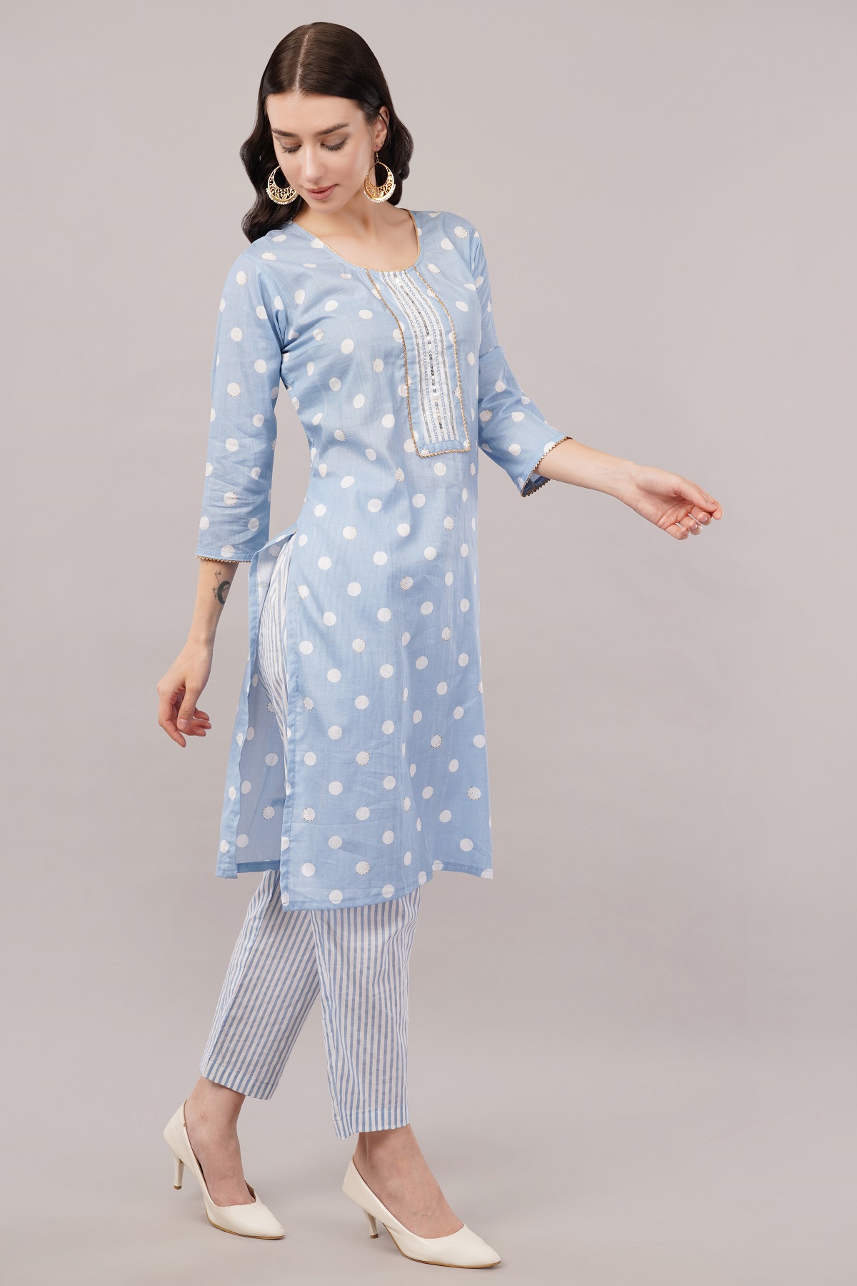 Polka Dot Cotton Salwar Suit Set with Striped Palazzo, 3/4 sleeves, Light Blue and White Polka Dot Cotton Salwar Suit Set with Striped Palazzo, 3/4 sleeves, Light Blue and White