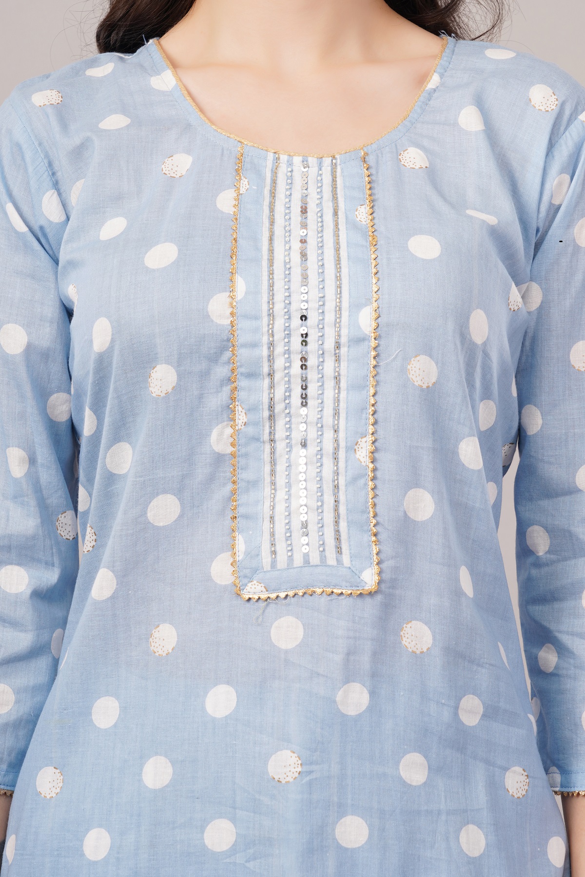 Polka Dot Cotton Salwar Suit Set with Striped Palazzo, 3/4 sleeves, Light Blue and White Polka Dot Cotton Salwar Suit Set with Striped Palazzo, 3/4 sleeves, Light Blue and White