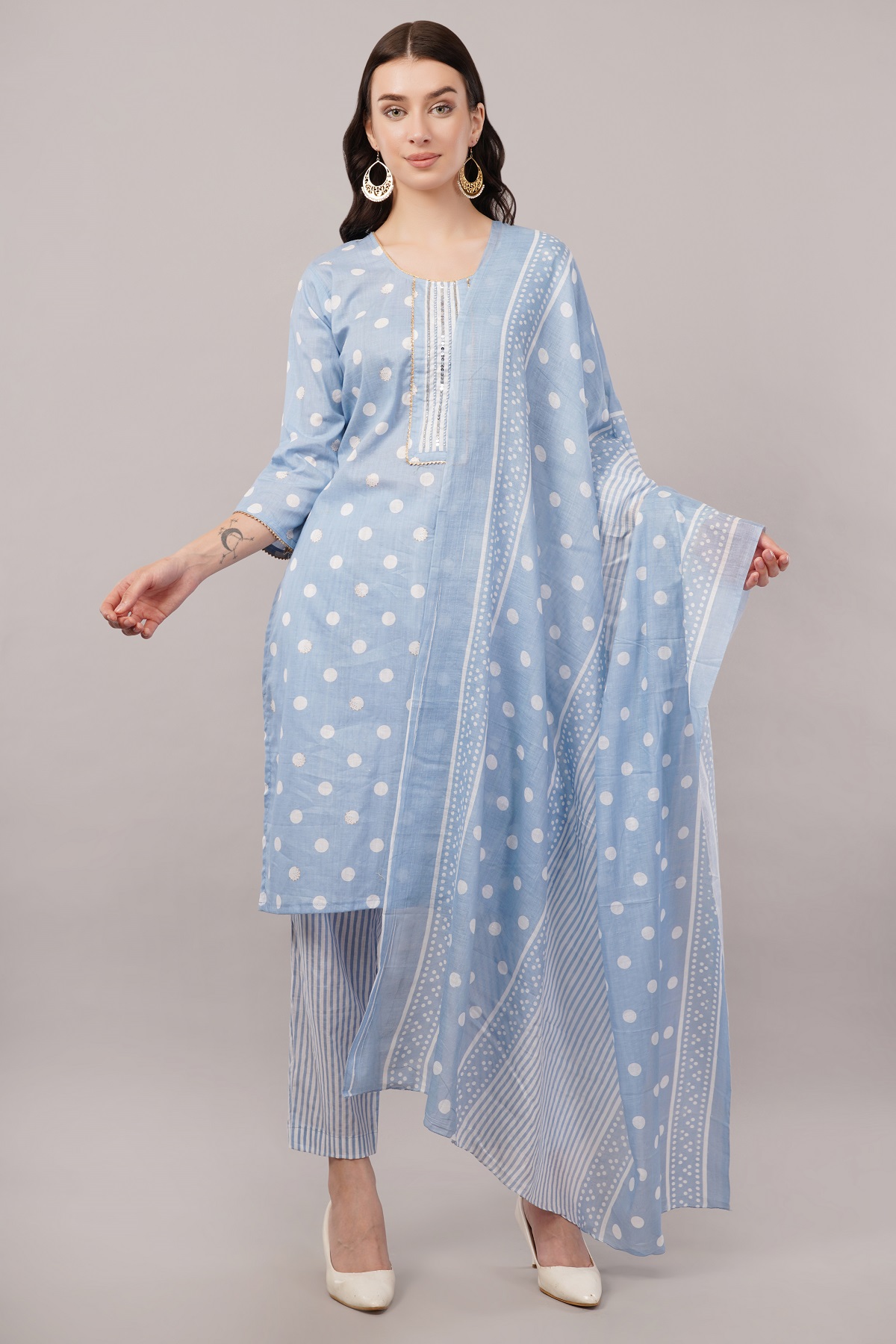 Polka Dot Cotton Salwar Suit Set with Striped Palazzo, 3/4 sleeves, Light Blue and White Polka Dot Cotton Salwar Suit Set with Striped Palazzo, 3/4 sleeves, Light Blue and White