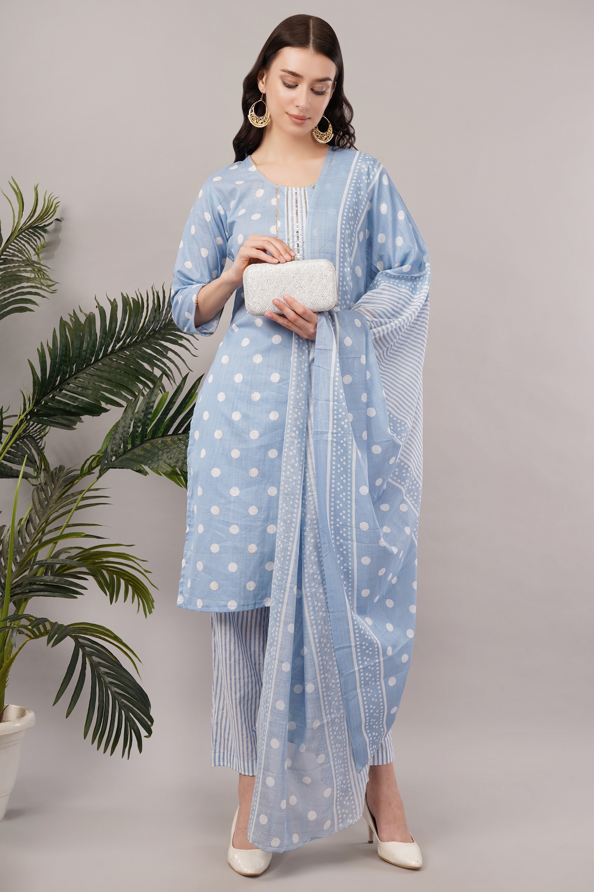 Polka Dot Cotton Salwar Suit Set with Striped Palazzo, 3/4 sleeves, Light Blue and White Polka Dot Cotton Salwar Suit Set with Striped Palazzo, 3/4 sleeves, Light Blue and White