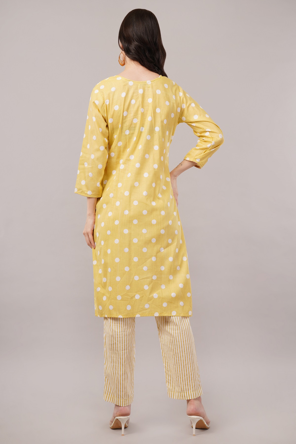 Cotton Polka Dot Salwar Suit Set, Yellow and White, 3/4 Sleeves, Embellished Yoke Cotton Polka Dot Salwar Suit Set, Yellow and White, 3/4 Sleeves, Embellished Yoke