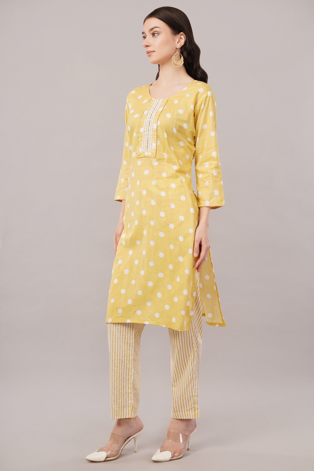 Cotton Polka Dot Salwar Suit Set, Yellow and White, 3/4 Sleeves, Embellished Yoke Cotton Polka Dot Salwar Suit Set, Yellow and White, 3/4 Sleeves, Embellished Yoke