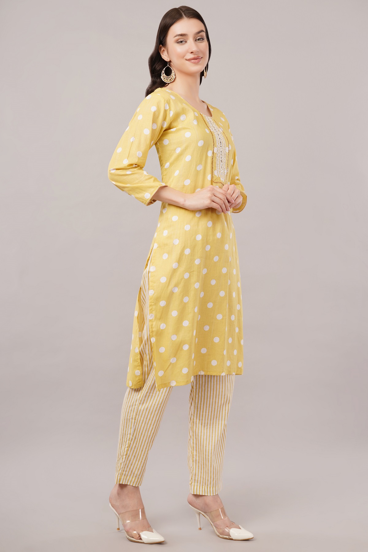 Cotton Polka Dot Salwar Suit Set, Yellow and White, 3/4 Sleeves, Embellished Yoke Cotton Polka Dot Salwar Suit Set, Yellow and White, 3/4 Sleeves, Embellished Yoke