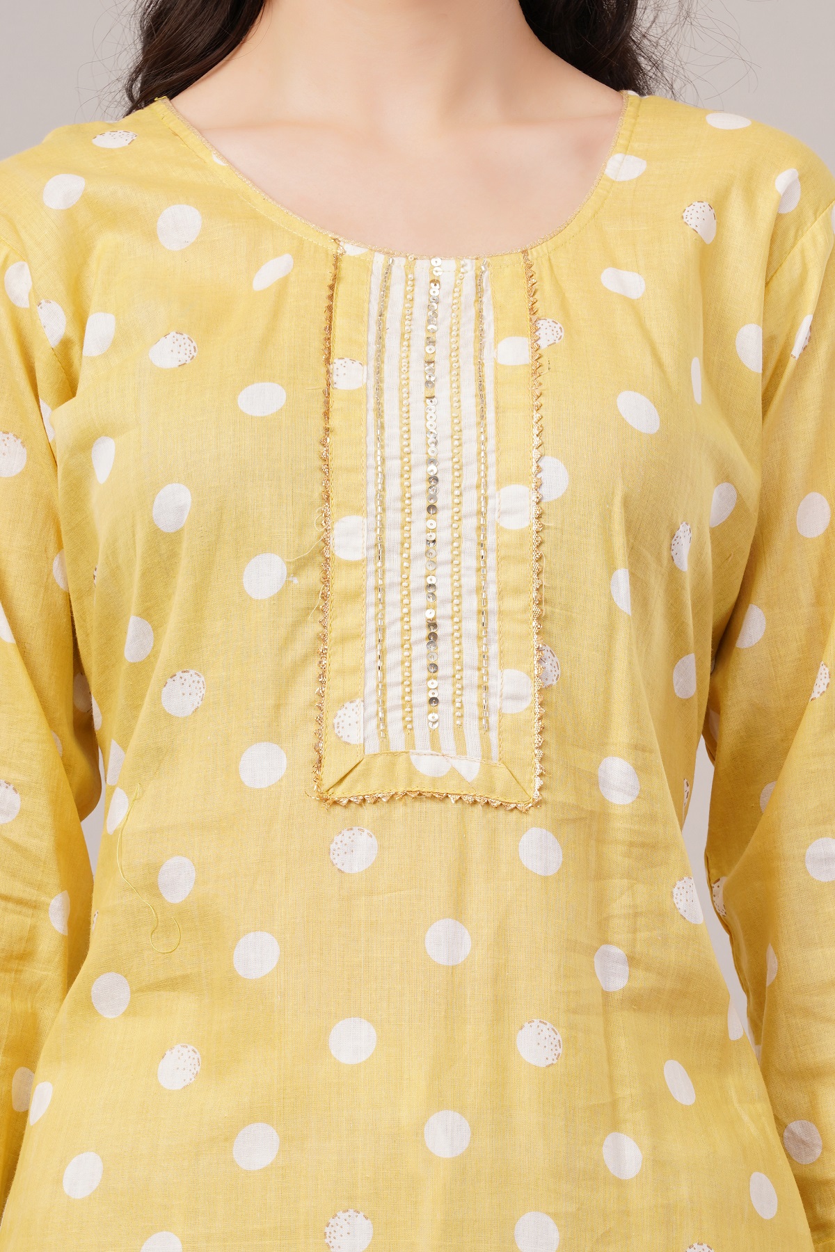 Cotton Polka Dot Salwar Suit Set, Yellow and White, 3/4 Sleeves, Embellished Yoke Cotton Polka Dot Salwar Suit Set, Yellow and White, 3/4 Sleeves, Embellished Yoke