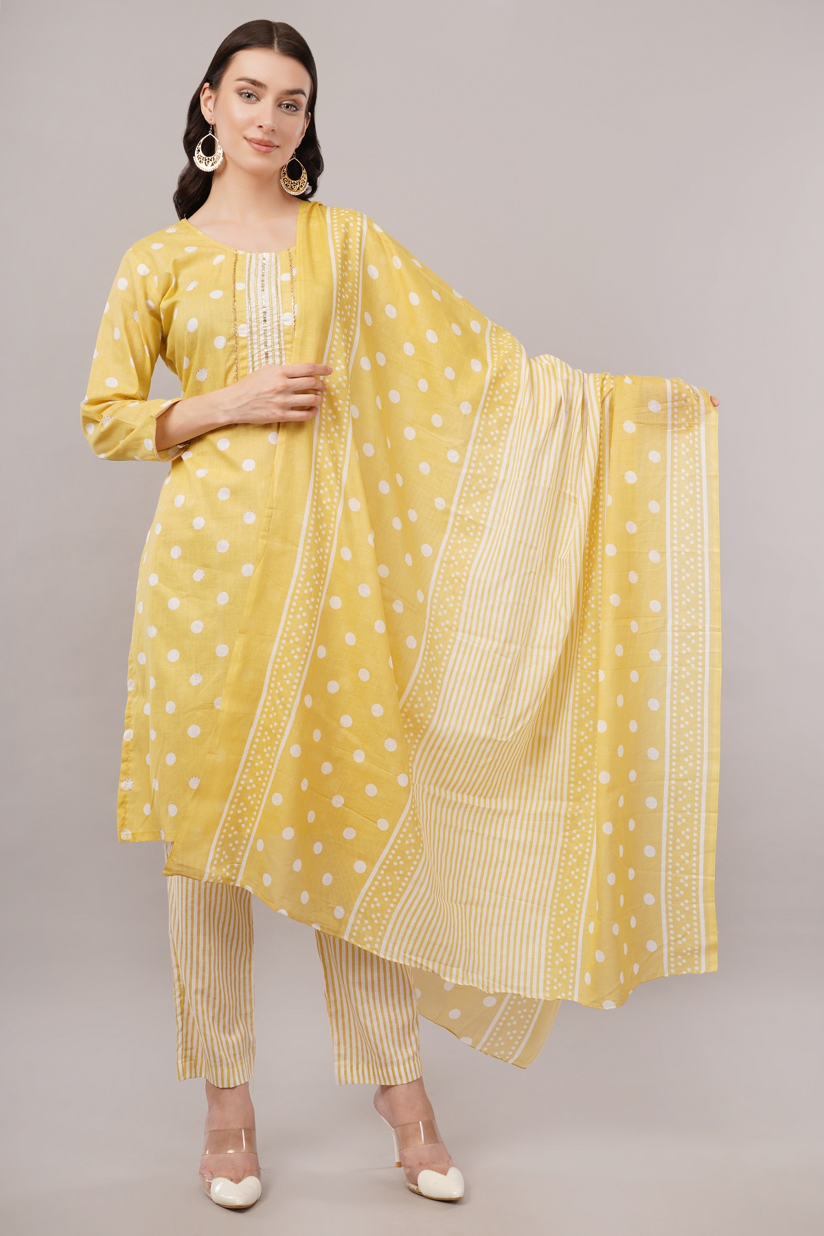 Cotton Polka Dot Salwar Suit Set, Yellow and White, 3/4 Sleeves, Embellished Yoke Cotton Polka Dot Salwar Suit Set, Yellow and White, 3/4 Sleeves, Embellished Yoke