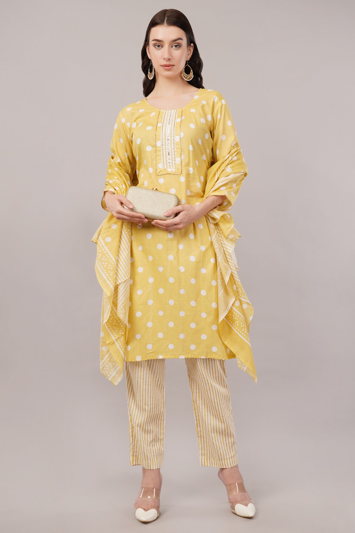 Cotton Polka Dot Salwar Suit Set, Yellow and White, 3/4 Sleeves, Embellished Yoke Cotton Polka Dot Salwar Suit Set, Yellow and White, 3/4 Sleeves, Embellished Yoke