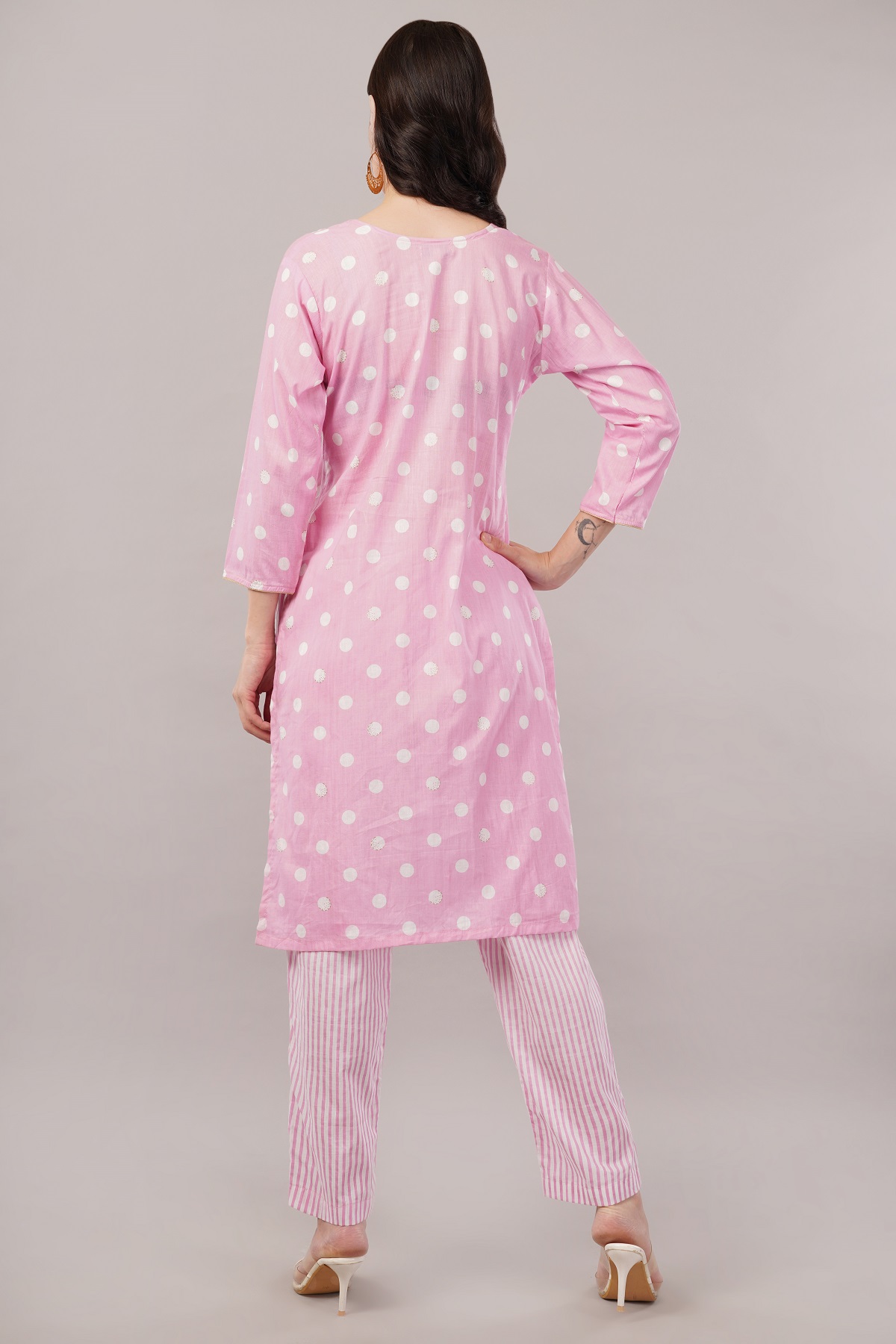 Pink Polka Dot Cotton Salwar Suit Set, 3/4 Sleeves, Striped Pants with Dupatta Pink Polka Dot Cotton Salwar Suit Set, 3/4 Sleeves, Striped Pants with Dupatta