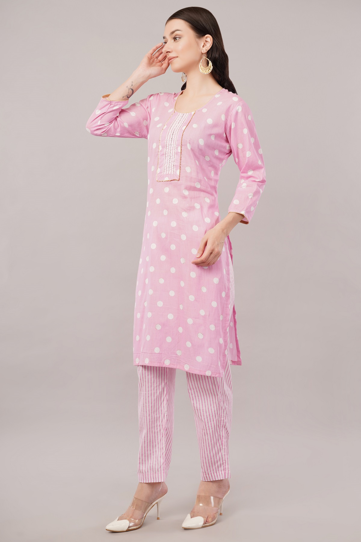 Pink Polka Dot Cotton Salwar Suit Set, 3/4 Sleeves, Striped Pants with Dupatta Pink Polka Dot Cotton Salwar Suit Set, 3/4 Sleeves, Striped Pants with Dupatta