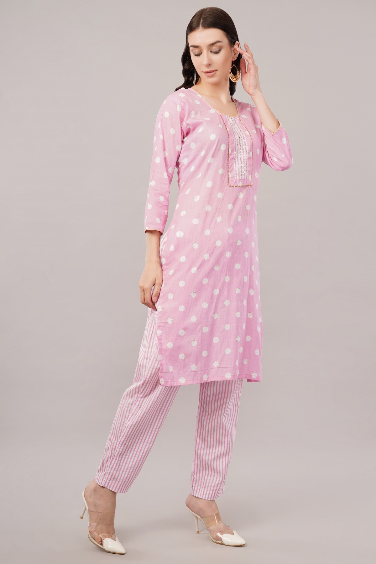 Pink Polka Dot Cotton Salwar Suit Set, 3/4 Sleeves, Striped Pants with Dupatta Pink Polka Dot Cotton Salwar Suit Set, 3/4 Sleeves, Striped Pants with Dupatta