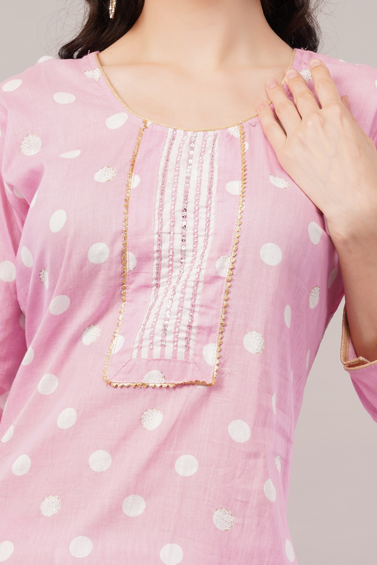 Pink Polka Dot Cotton Salwar Suit Set, 3/4 Sleeves, Striped Pants with Dupatta Pink Polka Dot Cotton Salwar Suit Set, 3/4 Sleeves, Striped Pants with Dupatta