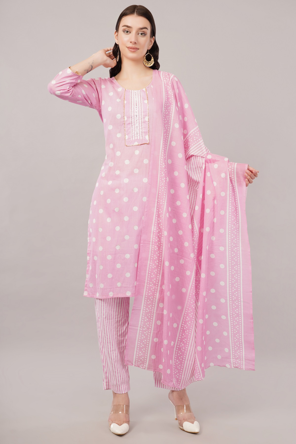 Pink Polka Dot Cotton Salwar Suit Set, 3/4 Sleeves, Striped Pants with Dupatta Pink Polka Dot Cotton Salwar Suit Set, 3/4 Sleeves, Striped Pants with Dupatta