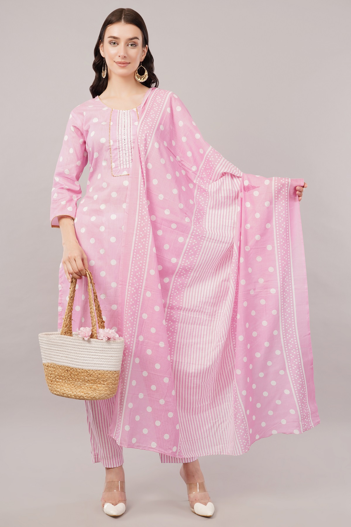 Pink Polka Dot Cotton Salwar Suit Set, 3/4 Sleeves, Striped Pants with Dupatta Pink Polka Dot Cotton Salwar Suit Set, 3/4 Sleeves, Striped Pants with Dupatta