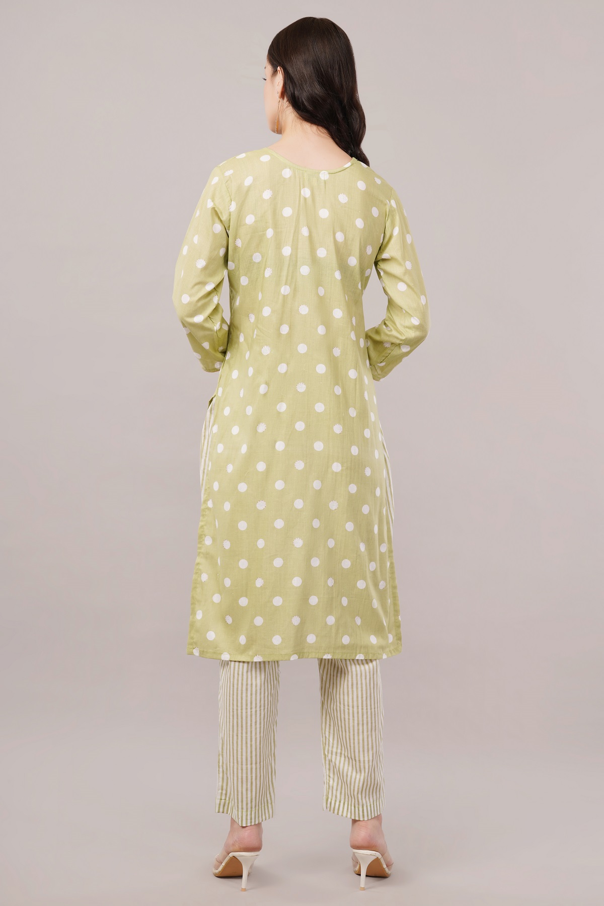 Cotton Polka Dot Salwar Suit Set, 3/4 Sleeves with Striped Pants and Dupatta, Light Green Cotton Polka Dot Salwar Suit Set, 3/4 Sleeves with Striped Pants and Dupatta, Light Green