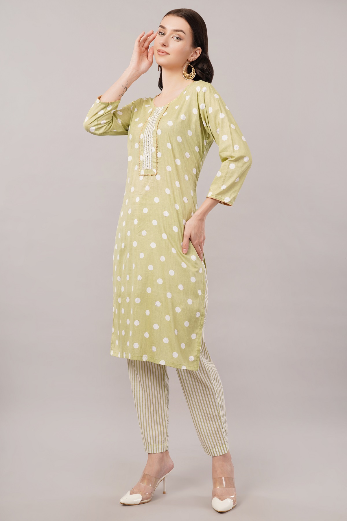 Cotton Polka Dot Salwar Suit Set, 3/4 Sleeves with Striped Pants and Dupatta, Light Green Cotton Polka Dot Salwar Suit Set, 3/4 Sleeves with Striped Pants and Dupatta, Light Green