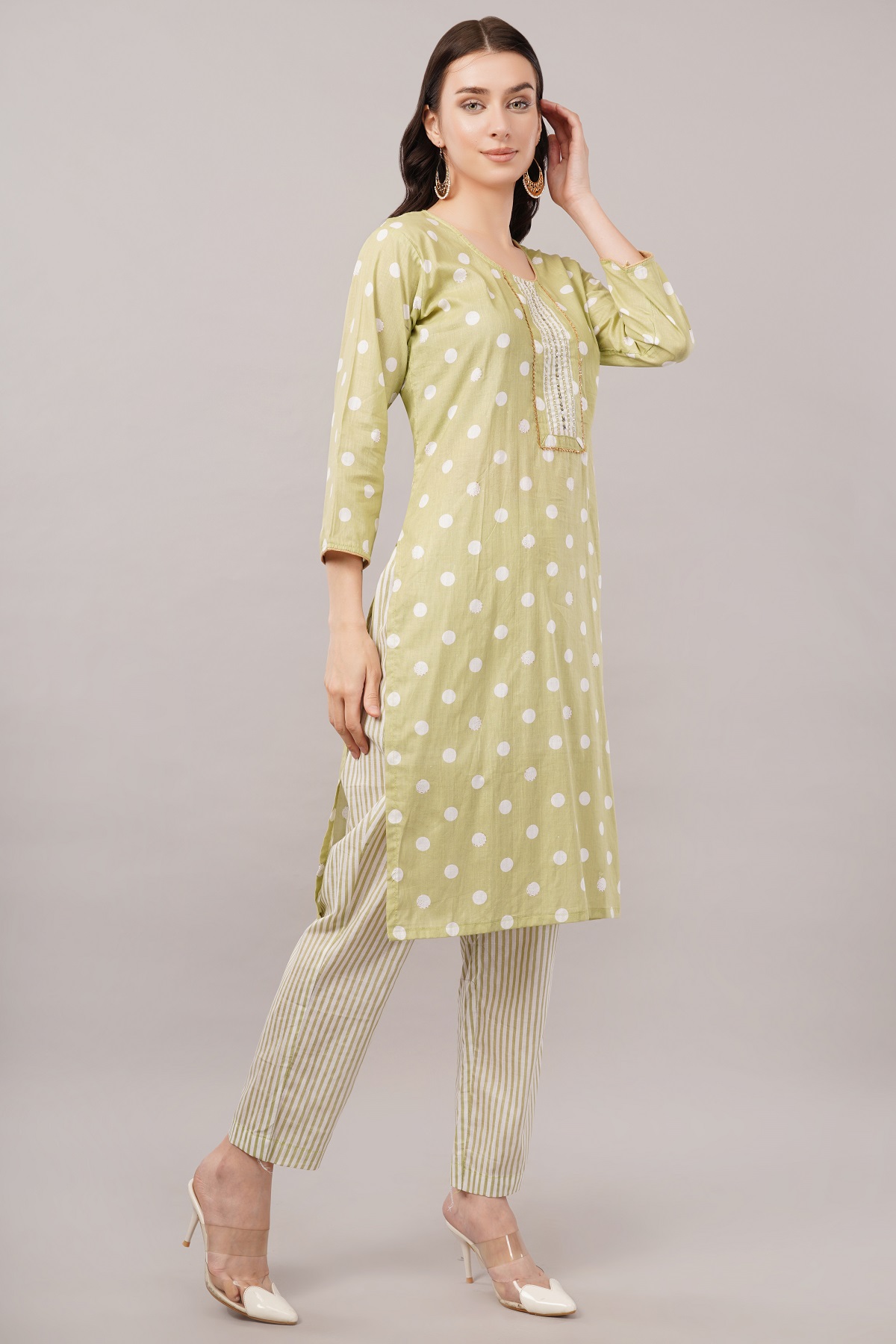 Cotton Polka Dot Salwar Suit Set, 3/4 Sleeves with Striped Pants and Dupatta, Light Green Cotton Polka Dot Salwar Suit Set, 3/4 Sleeves with Striped Pants and Dupatta, Light Green