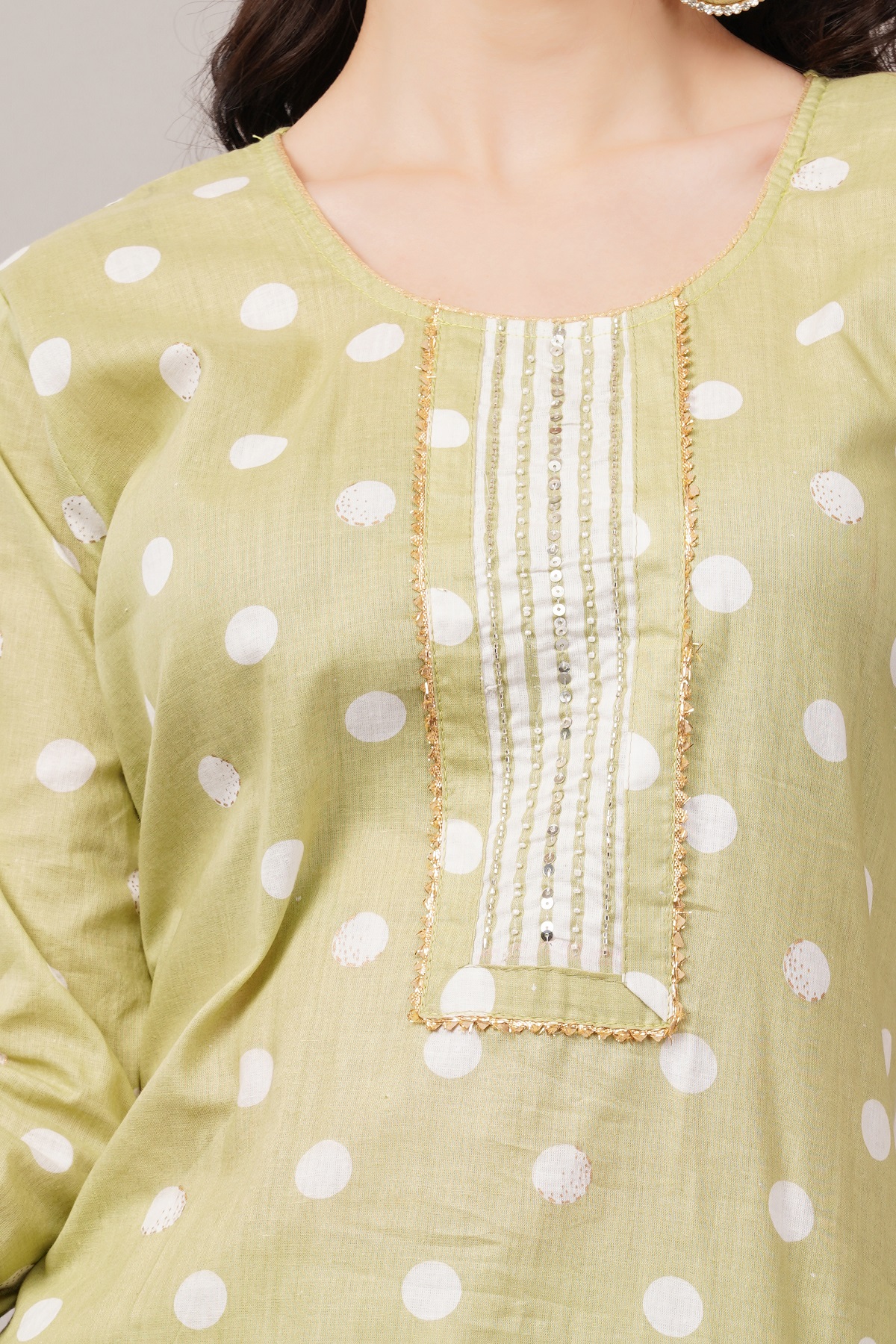 Cotton Polka Dot Salwar Suit Set, 3/4 Sleeves with Striped Pants and Dupatta, Light Green Cotton Polka Dot Salwar Suit Set, 3/4 Sleeves with Striped Pants and Dupatta, Light Green