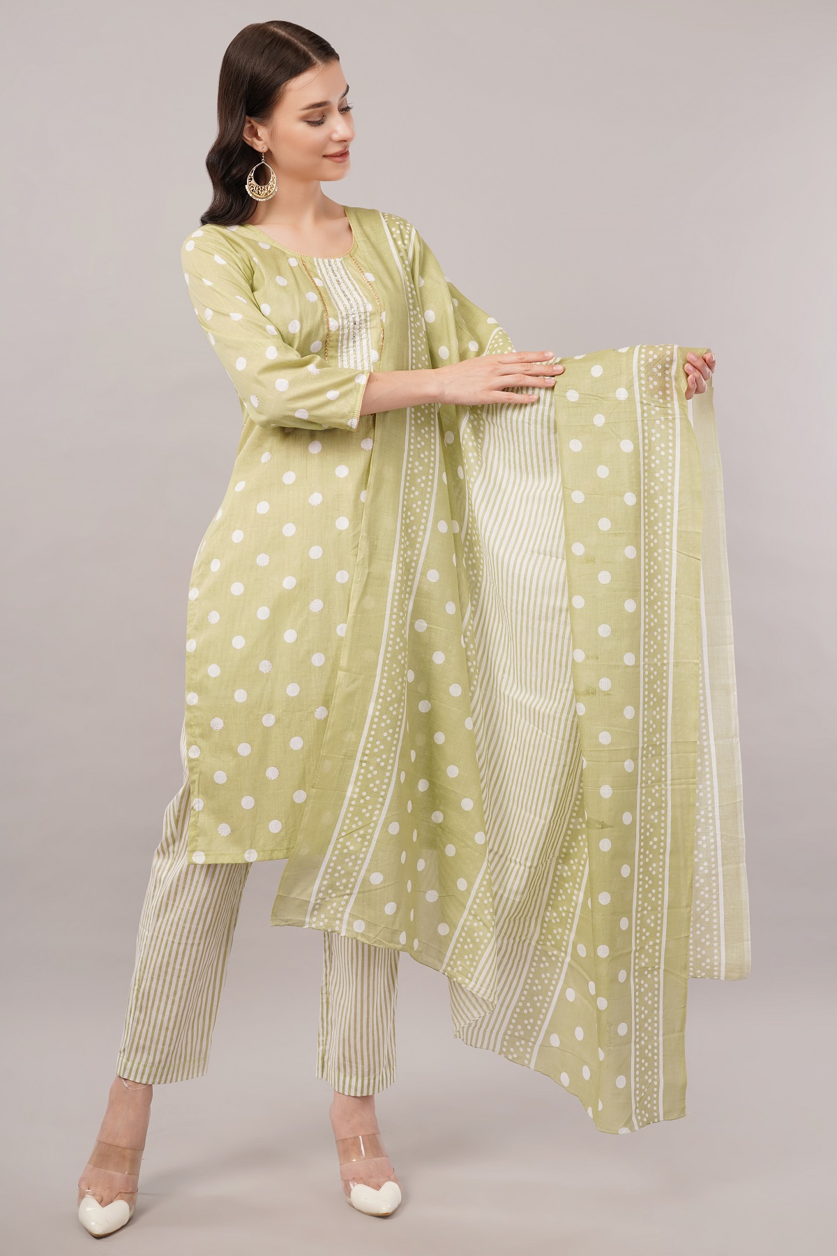 Cotton Polka Dot Salwar Suit Set, 3/4 Sleeves with Striped Pants and Dupatta, Light Green Cotton Polka Dot Salwar Suit Set, 3/4 Sleeves with Striped Pants and Dupatta, Light Green