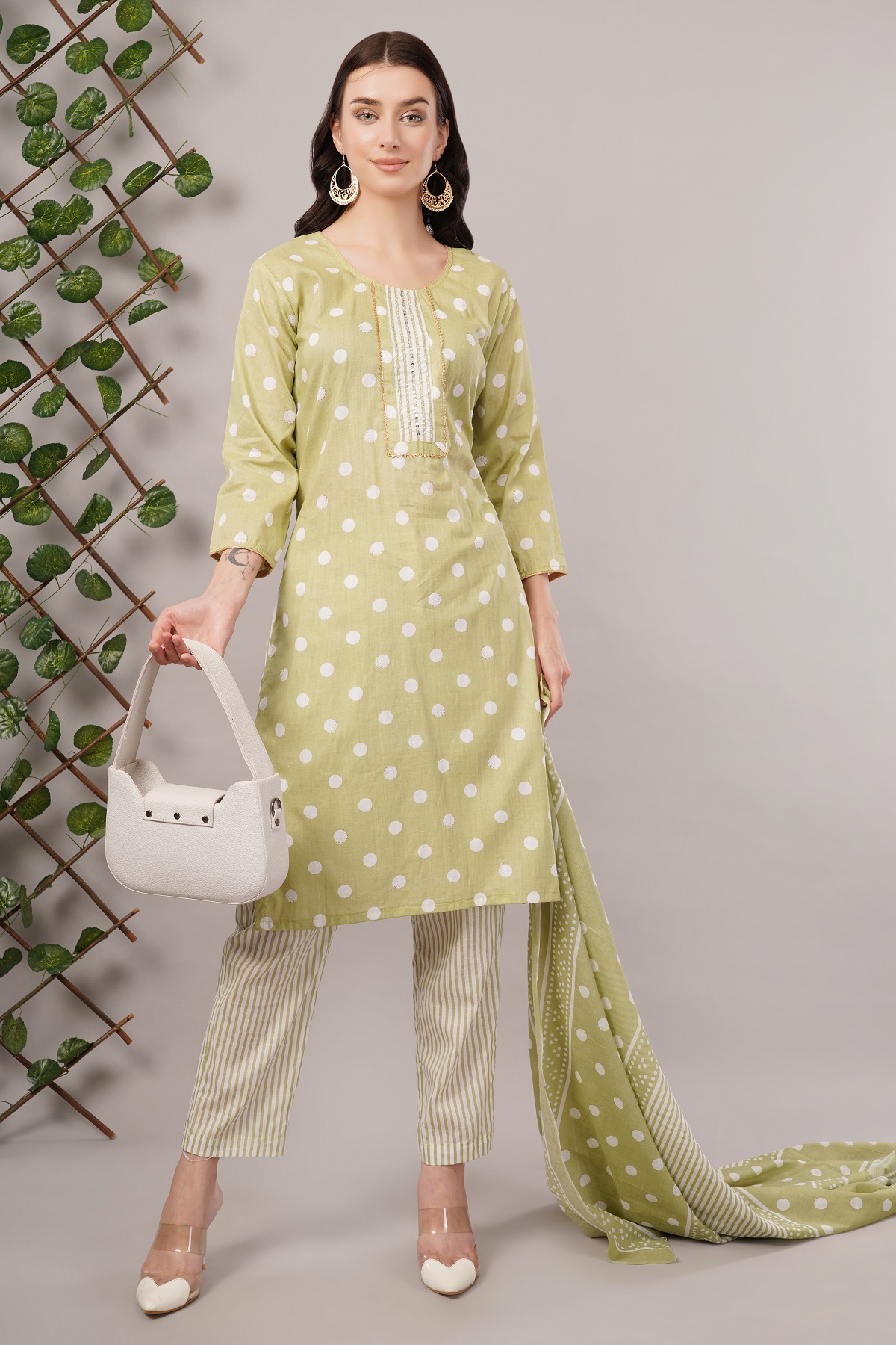 Cotton Polka Dot Salwar Suit Set, 3/4 Sleeves with Striped Pants and Dupatta, Light Green Cotton Polka Dot Salwar Suit Set, 3/4 Sleeves with Striped Pants and Dupatta, Light Green