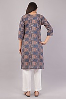Women's Geometric Print Cotton Kurta, 3/4 Sleeve, Blue and Peach Women's Geometric Print Cotton Kurta, 3/4 Sleeve, Blue and Peach