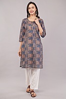 Women's Geometric Print Cotton Kurta, 3/4 Sleeve, Blue and Peach Women's Geometric Print Cotton Kurta, 3/4 Sleeve, Blue and Peach