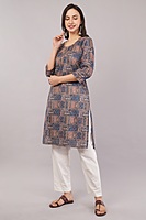 Women's Geometric Print Cotton Kurta, 3/4 Sleeve, Blue and Peach Women's Geometric Print Cotton Kurta, 3/4 Sleeve, Blue and Peach