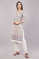 Floral Print Cotton Salwar Suit Set with Embroidered Details, 3/4 Sleeves, White Dupatta Floral Print Cotton Salwar Suit Set with Embroidered Details, 3/4 Sleeves, White Dupatta