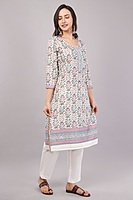 Floral Print Cotton Salwar Suit Set with Embroidered Details, 3/4 Sleeves, White Dupatta Floral Print Cotton Salwar Suit Set with Embroidered Details, 3/4 Sleeves, White Dupatta