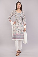 Floral Print Cotton Salwar Suit Set with Embroidered Details, 3/4 Sleeves, White Dupatta Floral Print Cotton Salwar Suit Set with Embroidered Details, 3/4 Sleeves, White Dupatta