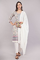 Floral Print Cotton Salwar Suit Set with Embroidered Details, 3/4 Sleeves, White Dupatta Floral Print Cotton Salwar Suit Set with Embroidered Details, 3/4 Sleeves, White Dupatta