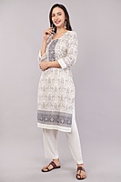 Traditional Printed Salwar Suit Set with Dupatta, White and Grey, 3/4 Sleeve Kurta with Pants Traditional Printed Salwar Suit Set with Dupatta, White and Grey, 3/4 Sleeve Kurta with Pants