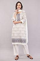 Traditional Printed Salwar Suit Set with Dupatta, White and Grey, 3/4 Sleeve Kurta with Pants Traditional Printed Salwar Suit Set with Dupatta, White and Grey, 3/4 Sleeve Kurta with Pants