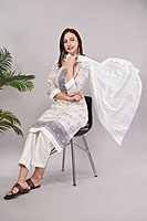 Traditional Printed Salwar Suit Set with Dupatta, White and Grey, 3/4 Sleeve Kurta with Pants Traditional Printed Salwar Suit Set with Dupatta, White and Grey, 3/4 Sleeve Kurta with Pants